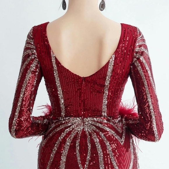 Red Sequin Backless Long Sleeve Gown - Picture 11 of 15